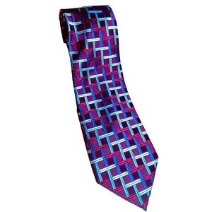 Jones New York Burgundy silver blue geometric square print necktie 100% silk